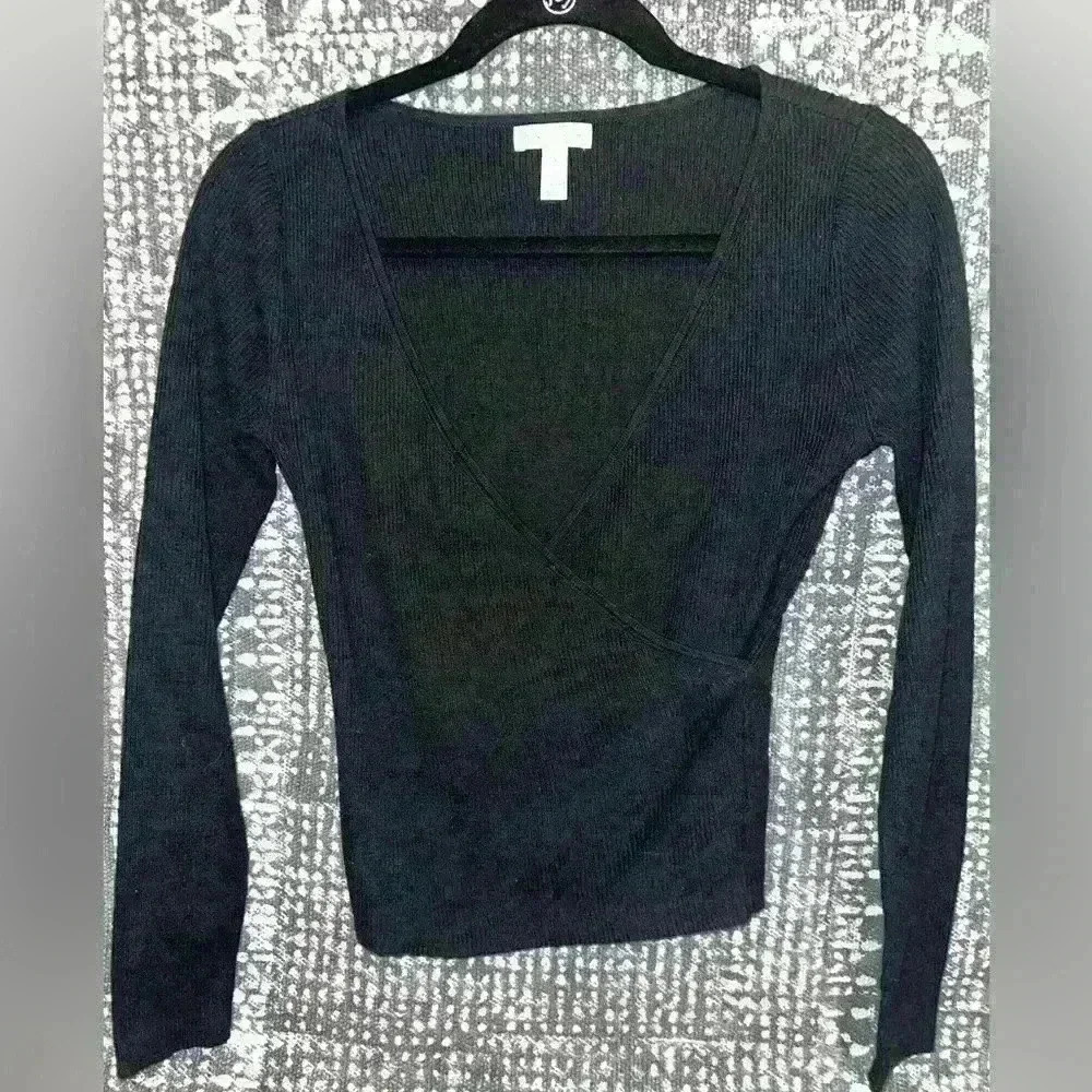 Leith Crossover Black Sweater Top, S